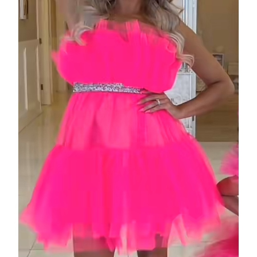 Pink Barbie bright electric tulle tutu strapless neon mini dress
